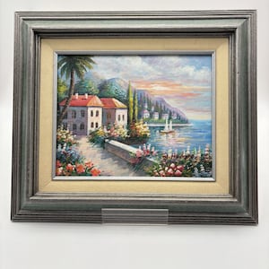Vintage Original Oil Painting Seaside Villa. Brightly Colored Framed Painting. Signed W. Hodges