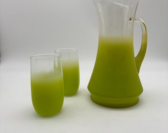 Vintage West Virginia Glass Co. lime green Blendo pitcher and tumbler set.