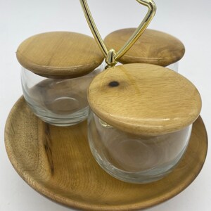Vintage Mid Century Oregon Myrtlewood Condiment Server Tray with Gold Tone Handle and 3 Glass Bowls with Wooden Lids MCM Kitchen Decor