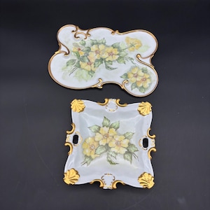 Pair of 1970s Hand Painted Yellow Flower Floral with Gold Rims and Accents Decorative Porcelain Trays / Dishes.