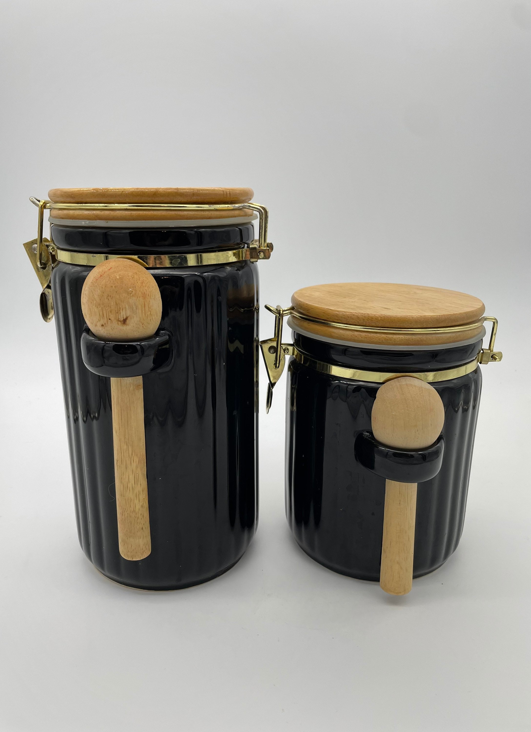 Black Ceramic Canister Set of 2 Pair of 90s Black Clamp Etsy