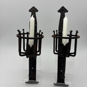 Pair of Vintage Large Hand Forged Iron Gothic Medieval Style Candle Wall Sconce
