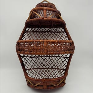 Vintage Three Tier Dark Stain Rattan Wicker Unique Shape Wall Basket Shelf