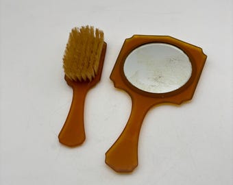 Vintage 1920s Art Deco Marbleized Celluloid Dresser Hand Mirror and Brush Set