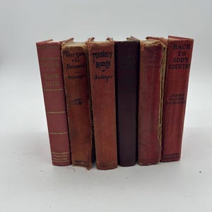 Collection of Vintage and Antique Hardcover Books, Red Color Set of 6 Books for Staging / Decorating