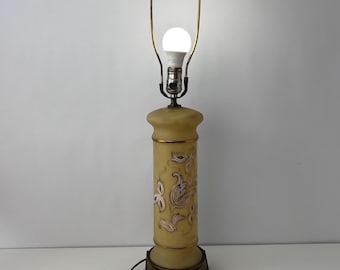 Vintage 1960s Hollywood Regency Table Lamp Cream Gold Floral Glass Column Lamp