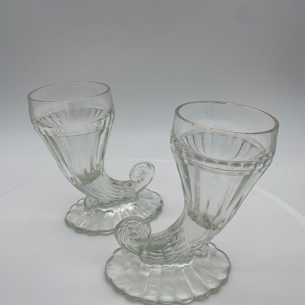 Vintage Jeanette Glass  Cornucopia Horn Gold Trimmed Clear Glass Vases ** Set of 2 **