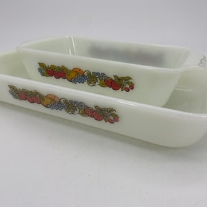 Pair of Fire King Baking Dishes / Casserole Dishes - Milk Glass with Nature&#39;s Bounty Motif