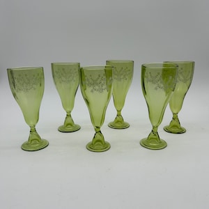 Vintage Green Glass Goblets: Handblown Etched Floral Tumblers, Set of 6