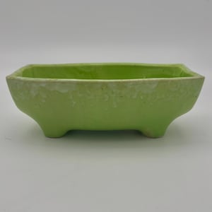 May include: A rectangular, light green ceramic planter with a slightly textured surface. The planter has a raised base with four small feet. The interior of the planter is a brighter shade of green.
