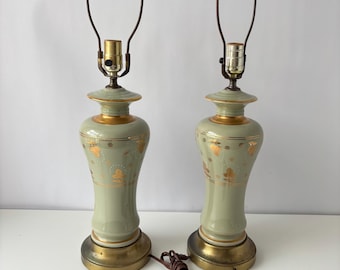 Pair of Vintage table lamps. light green celadon glazed ceramic vase bases adorned with gold floral accents and brass base