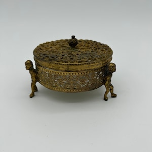 Vintage Brass Filagree Cherub Footed Powder Box