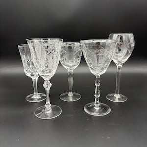 Vintage Etched Crystal Stemware Set: Mismatched Wine Glasses, Set of 5