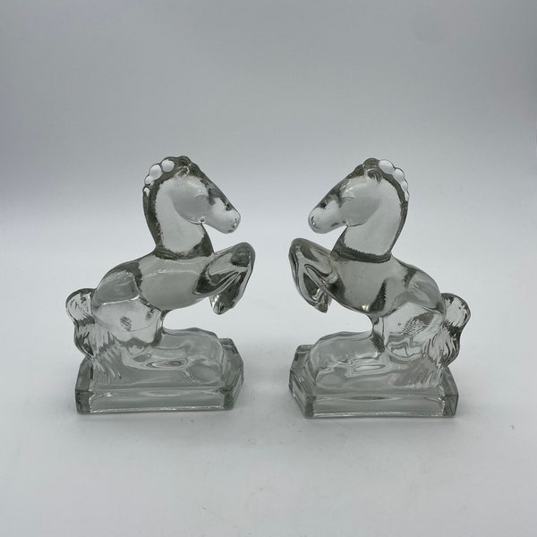 Pair of Vintage Glass Horse Bookends / Clear Glass Horse Statue *** Mid Century Decor