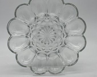 Vintage Mid Century Heavy Clear Glass Deviled Egg Platter ** Anchor Hocking Retro Egg Plate