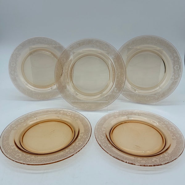 Vintage Set of 5 Peach Colored Glass Plates Etched Floral Pattern with Plain Centers. 7 1/2” Wide