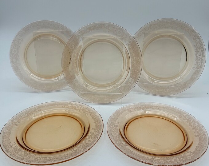 Vintage Set of 5 Peach Colored Glass Plates Etched Floral Pattern With ...