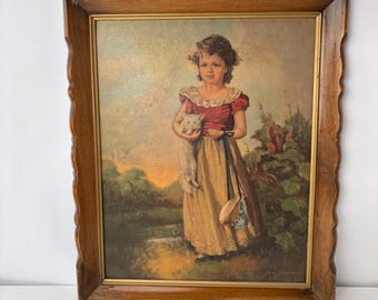 Vintage Print on Board of painting titled "Chums" by the artist Jane Freeman of Young girl holding kitten