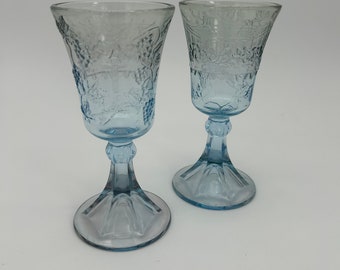 Vintage Pair of Tiara Indiana Glass “The Lord’s Supper” Blue Wine Chalice, Goblet, Religious Communion Glasses Set of 2
