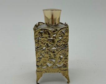 Vintage Footed Brass Fillagree Glass Perfume Bottle