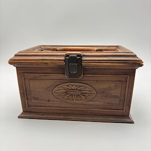 1970s Faux Wood Sewing Box with Vintage Thread & Supplies