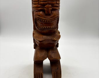 Vintage Hand Carved Wooden Tiki Statue 12" Tall Solid Wood Polynesian Hawaiian Bar Decor