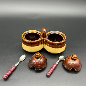 Vintage Stoneware Two Tone Crock Pottery Condiment Server with Lids and Spoons