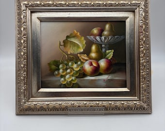 Vintage Still Life Fruit Oil Painting in Silver Frame (15x13)
