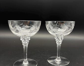 Vintage Etched Crystal Champagne Coupes Set of 2 Wheat Fern Cut Glass Stemware