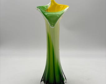 Vintage Green and Yellow Art Glass Jack in the Pulpit Vase