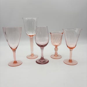 Vintage Collection of Mismatched Pink and Plum Stemware / Wine Glasses Set of 5
