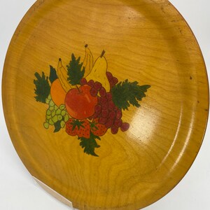 Vintage Wooden Platter / Serving Tray with Hand Painted Fruit 16” Diameter