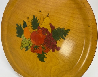 Vintage Wooden Platter / Serving Tray with Hand Painted Fruit 16” Diameter