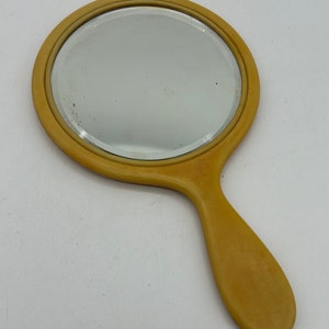 Vintage 1920s Art Deco Ivory Colored Celluloid Dresser Hand Mirror Stripe Pattern. Some Minor Discoloration