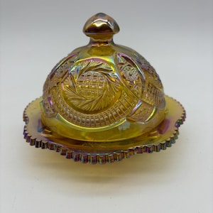Vintage Iridescent Amber Carnival Glass. Ornate Pattern 6.5 inch Covered Dome Butter Dish. Cheese Ball Dish