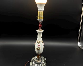 Vintage Porcelain Rose Table Lamp Glass Base Applied Flowers Hollywood Regency Boudoir Lamp