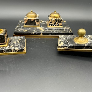 Vintage Brass and Black Marble Inkwell and Ink Rocker 3 Piece Set