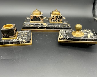 Vintage Brass and Black Marble Inkwell and Ink Rocker 3 Piece Set