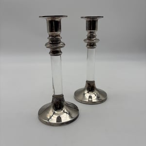 Pair of Vintage Silver Plated with Lucite Center Post Candlestick Holders. 7” Tall