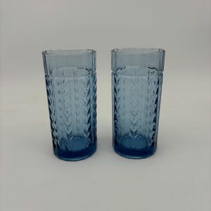 Pair of Anchor Hocking Laurel Patern Blue Glass Tumblers 6” Tall