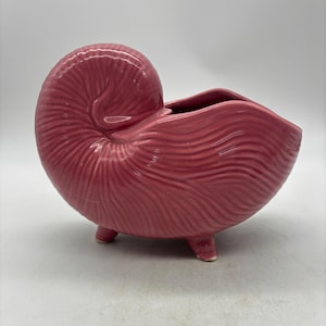 May include: A pink ceramic planter shaped like a nautilus shell with a glossy finish and textured, wavy ridges. The vessel features a curved, spiraling form that tapers toward an open top and is supported by three small, sturdy feet at the base.