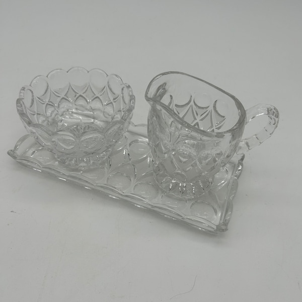 Princess House C68 Dots and diamond pattern Lead Crystal Sugar, Creamer & Tray