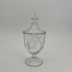 Vintage Floral Etched Glass Pedestal Jar with Lid. 8 1/2” Tall to Top of Lid