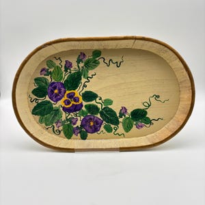 Vintage Hand Painted Floral Serving Tray. Wooden Tray with Purple and Yellow Pansies. a couple hairline cracks