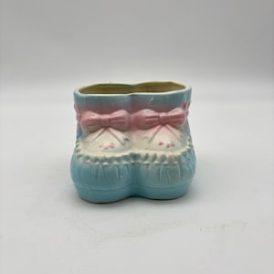 Vintage Mid Century 1950s Ceramic Baby Booties Planter. Blue and Pink Baby Nursery Vase.