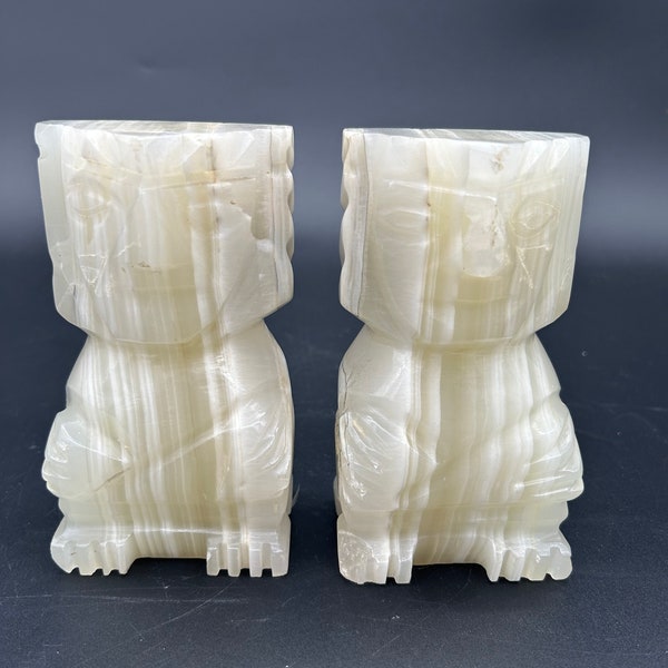 Vintage Mexican Onyx Book Ends, Aztec Carved Stone Bookends