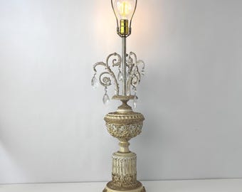 Vintage 1960s Hollywood Regency Ornate Table Lamp Crystal Prisms Italian Provincial Style