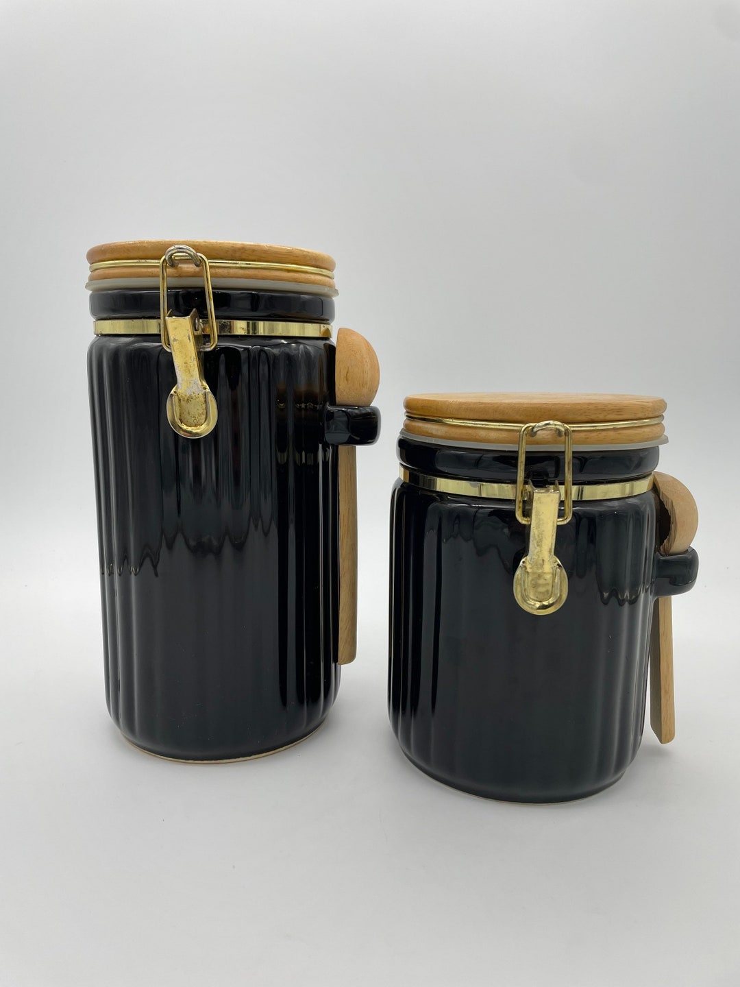 Black Ceramic Canister Set of 2 Pair of 90s Black Clamp Etsy