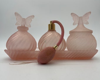 Vintage Frosted Pink Glass Perfume Bottles on Tray