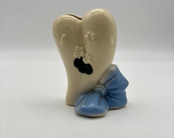 Vintage Mid-Century Heart Pottery Wall Pocket, Blue Bow Decor